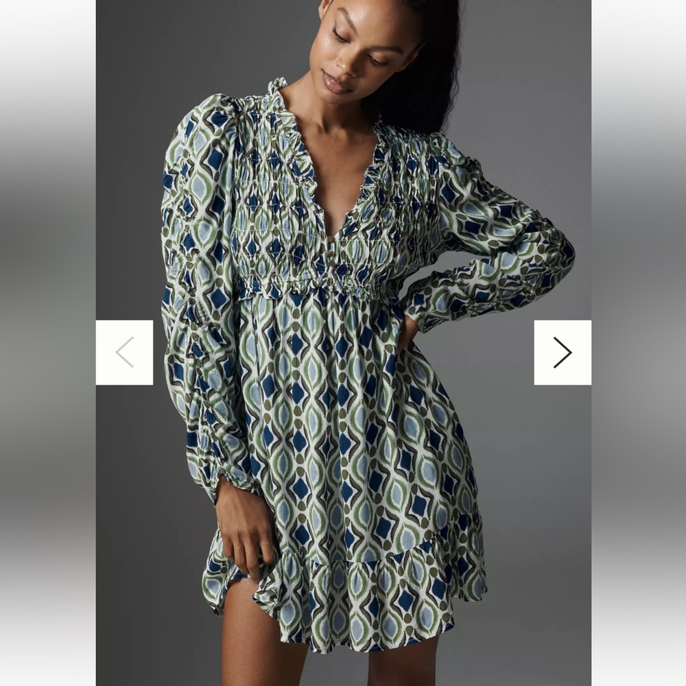 By Anthropologie Long Sleeve V Neck Ruffle Mini Dress